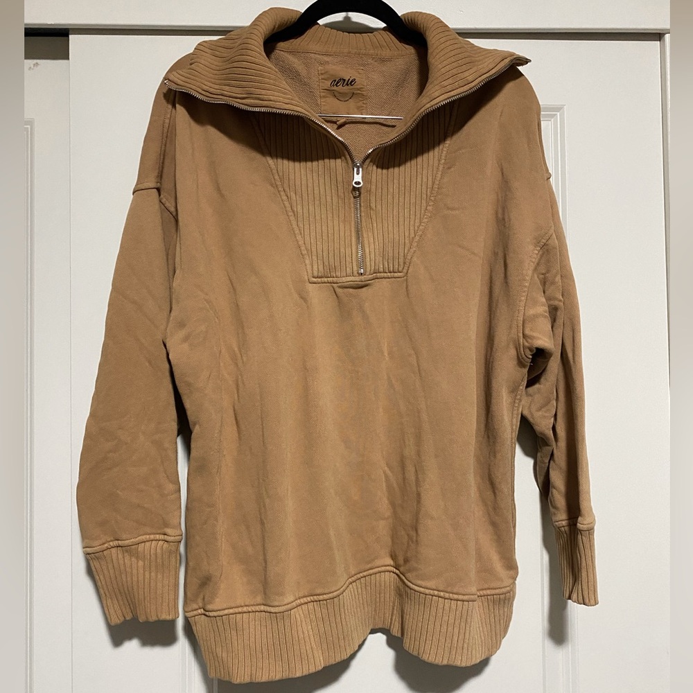 Aerie 1/4 Zip Taupe Teddy Colored Sweatshirt Size Large, Autumn Fall Winter